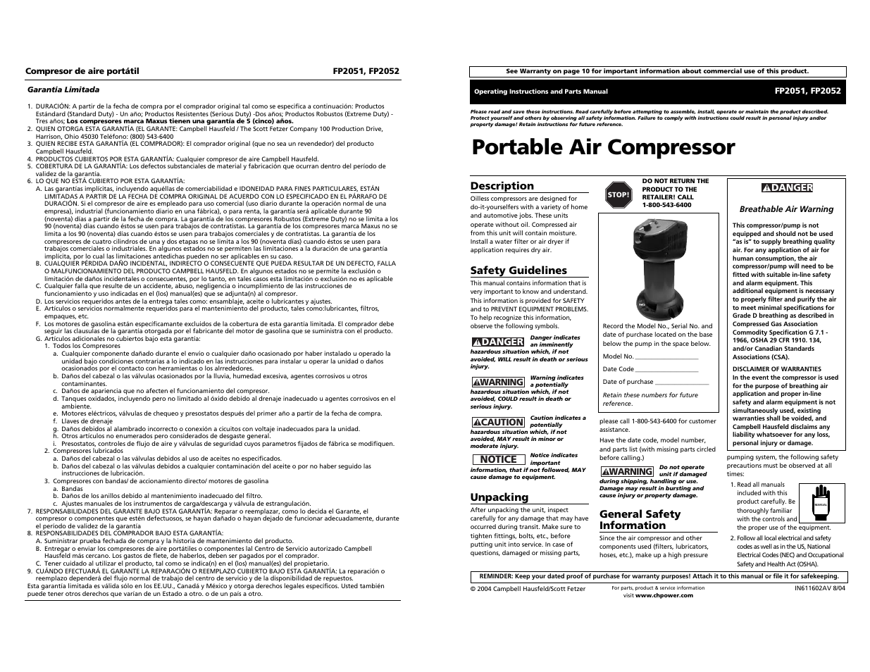 Campbell Hausfeld FP2051 User Manual | 14 pages
