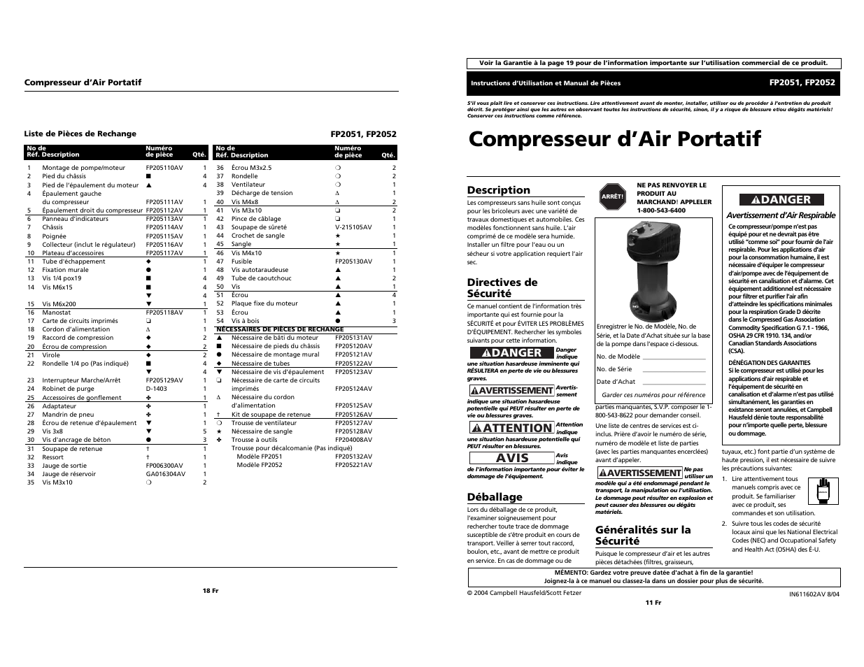 Compresseur d’air portatif, Avis, Attention | Danger, Généralités sur la sécurité, Description, Directives de sécurité, Déballage | Campbell Hausfeld FP2051 User Manual | Page 11 / 14