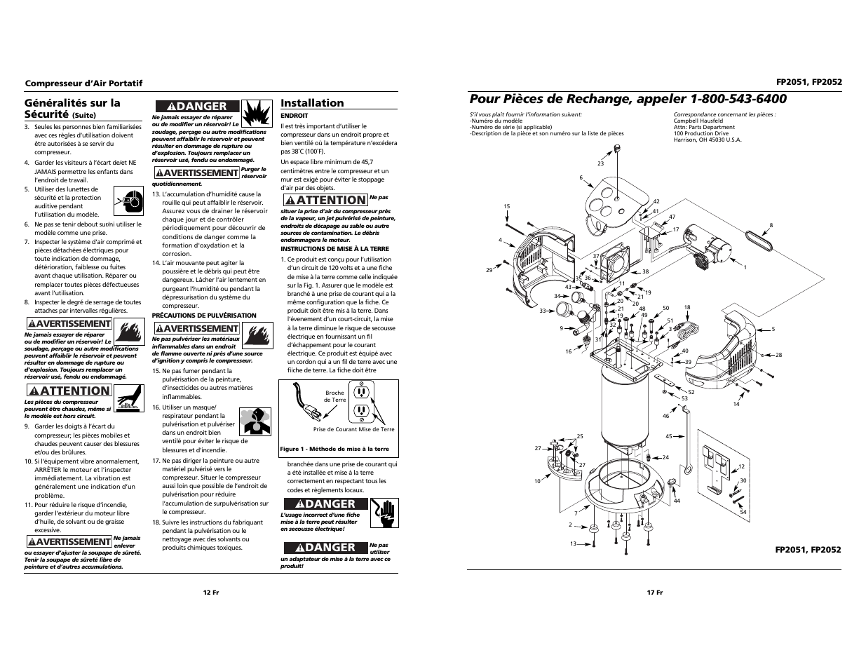 Attention, Danger, Généralités sur la sécurité | Installation | Campbell Hausfeld FP2051 User Manual | Page 12 / 14