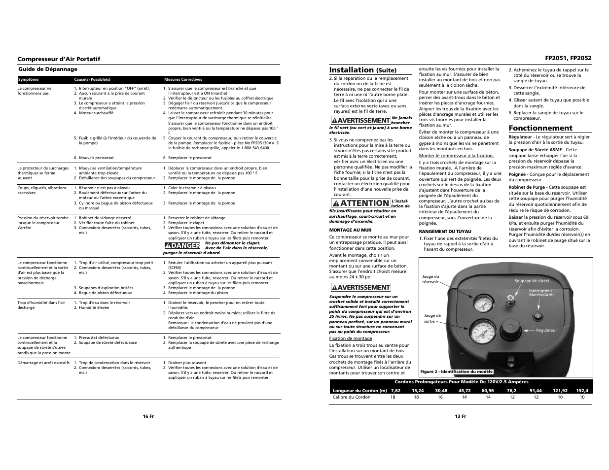 Attention, Installation, Fonctionnement | Campbell Hausfeld FP2051 User Manual | Page 13 / 14