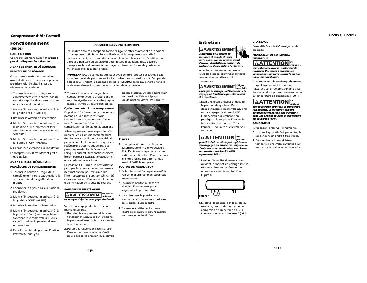 Attention, Entretien, Fonctionnement | Campbell Hausfeld FP2051 User Manual | Page 14 / 14
