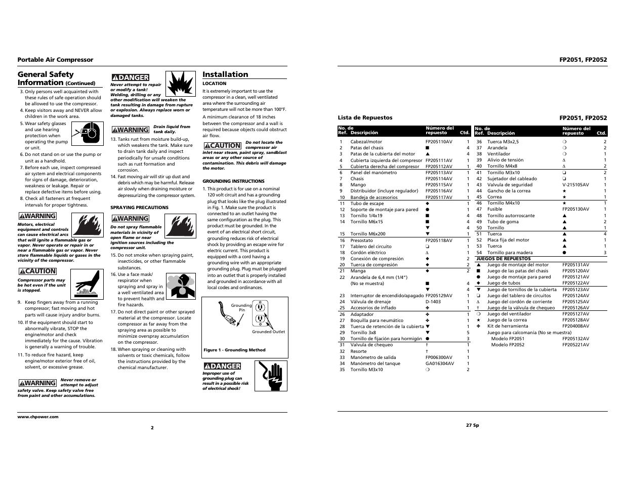 General safety information, Installation | Campbell Hausfeld FP2051 User Manual | Page 2 / 14