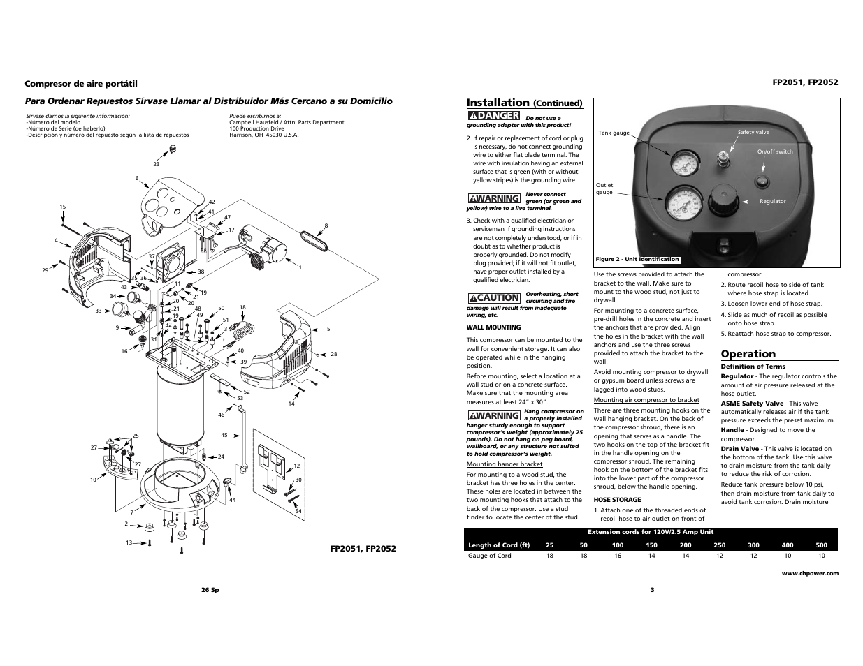 Installation, Operation | Campbell Hausfeld FP2051 User Manual | Page 3 / 14