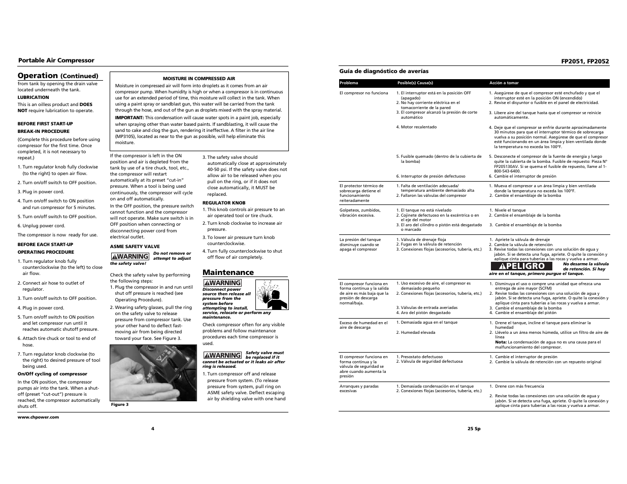 Peligro, Operation, Maintenance | Campbell Hausfeld FP2051 User Manual | Page 4 / 14