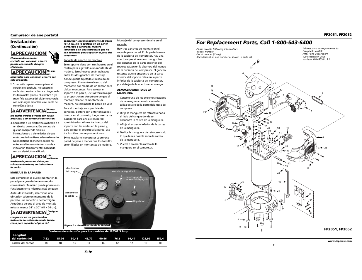 Precaucion, Instalación, Advertencia | Campbell Hausfeld FP2051 User Manual | Page 7 / 14