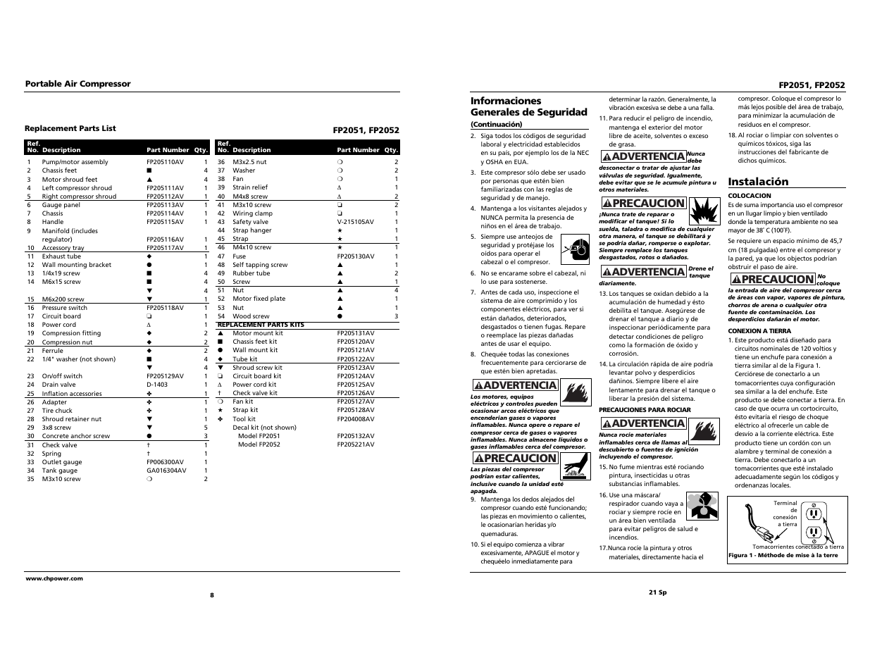 Precaucion, Advertencia, Instalación | Campbell Hausfeld FP2051 User Manual | Page 8 / 14