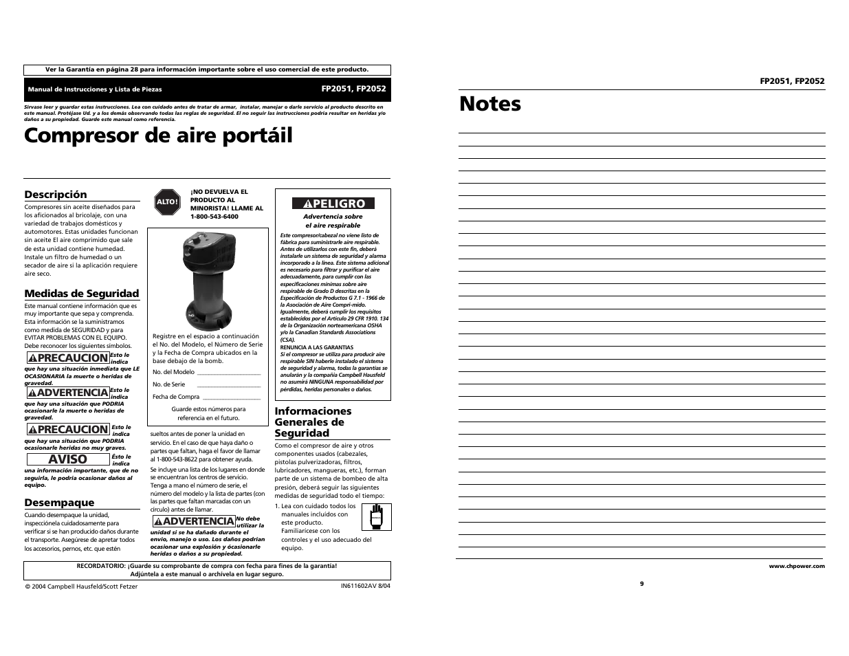 Compresor de aire portáil, Aviso, Peligro | Precaucion | Campbell Hausfeld FP2051 User Manual | Page 9 / 14