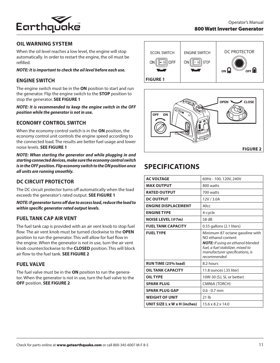 Specifications, 800 watt inverter generator, Oil warning system | Engine switch, Economy control switch, Dc circuit protector, Fuel tank cap air vent, Fuel valve | EarthQuake MC43ES User Manual | Page 11 / 84