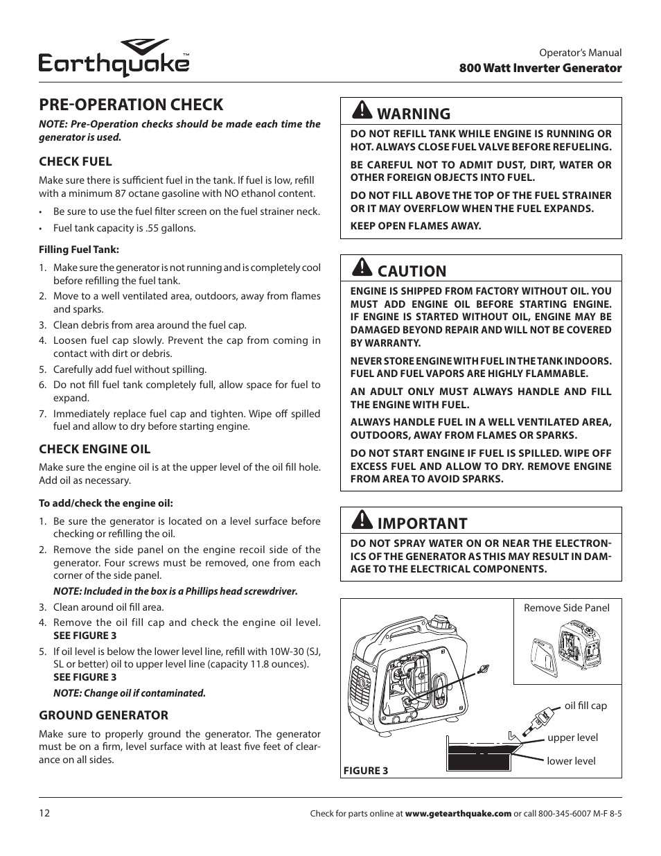 Pre-operation check, Caution, Important | Warning | EarthQuake MC43ES User Manual | Page 12 / 84