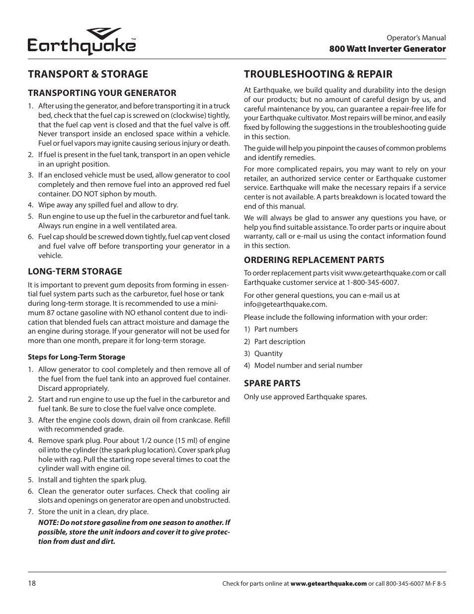 Troubleshooting & repair, Transport & storage | EarthQuake MC43ES User Manual | Page 18 / 84