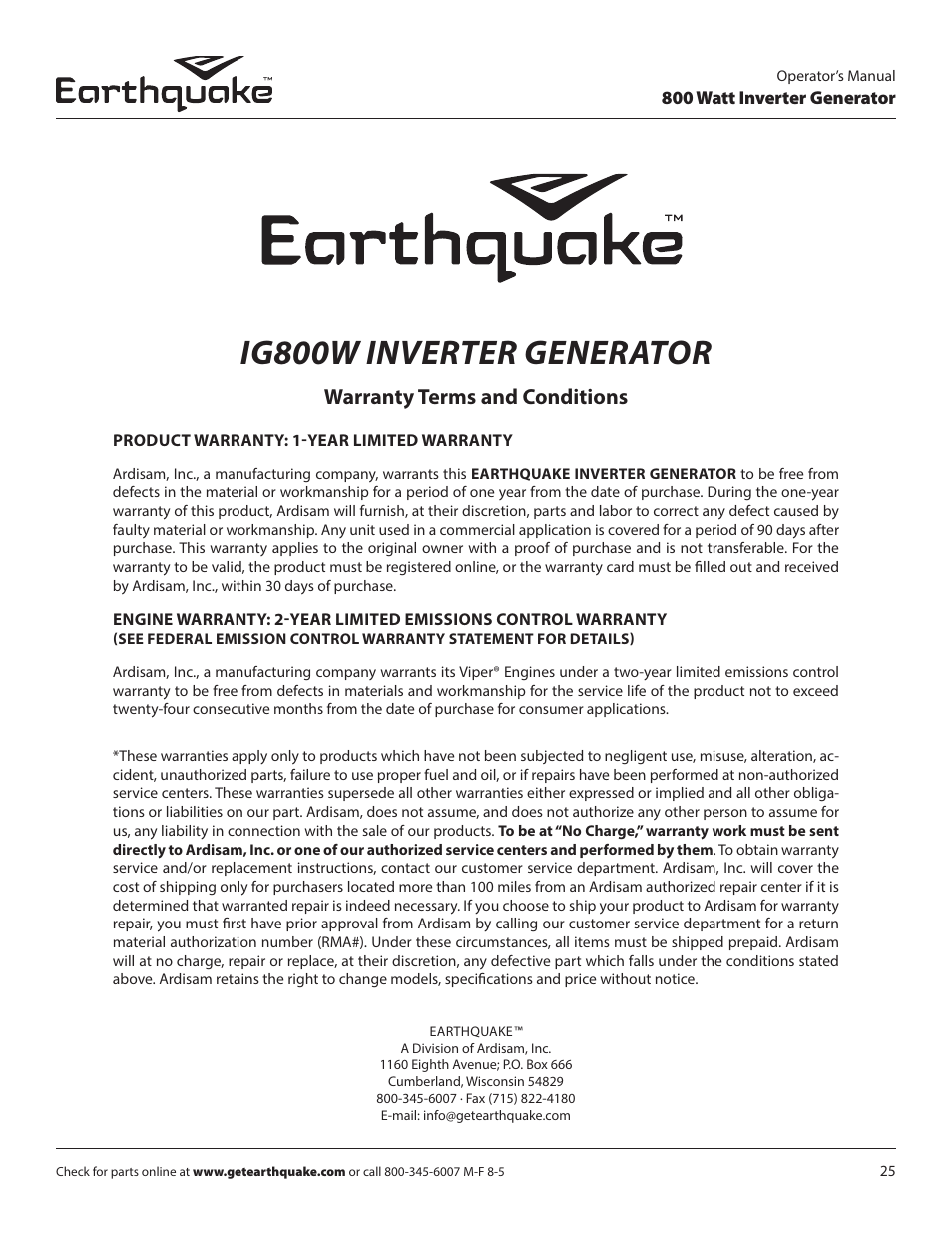 Ig800w inverter generator, Warranty terms and conditions | EarthQuake MC43ES User Manual | Page 25 / 84