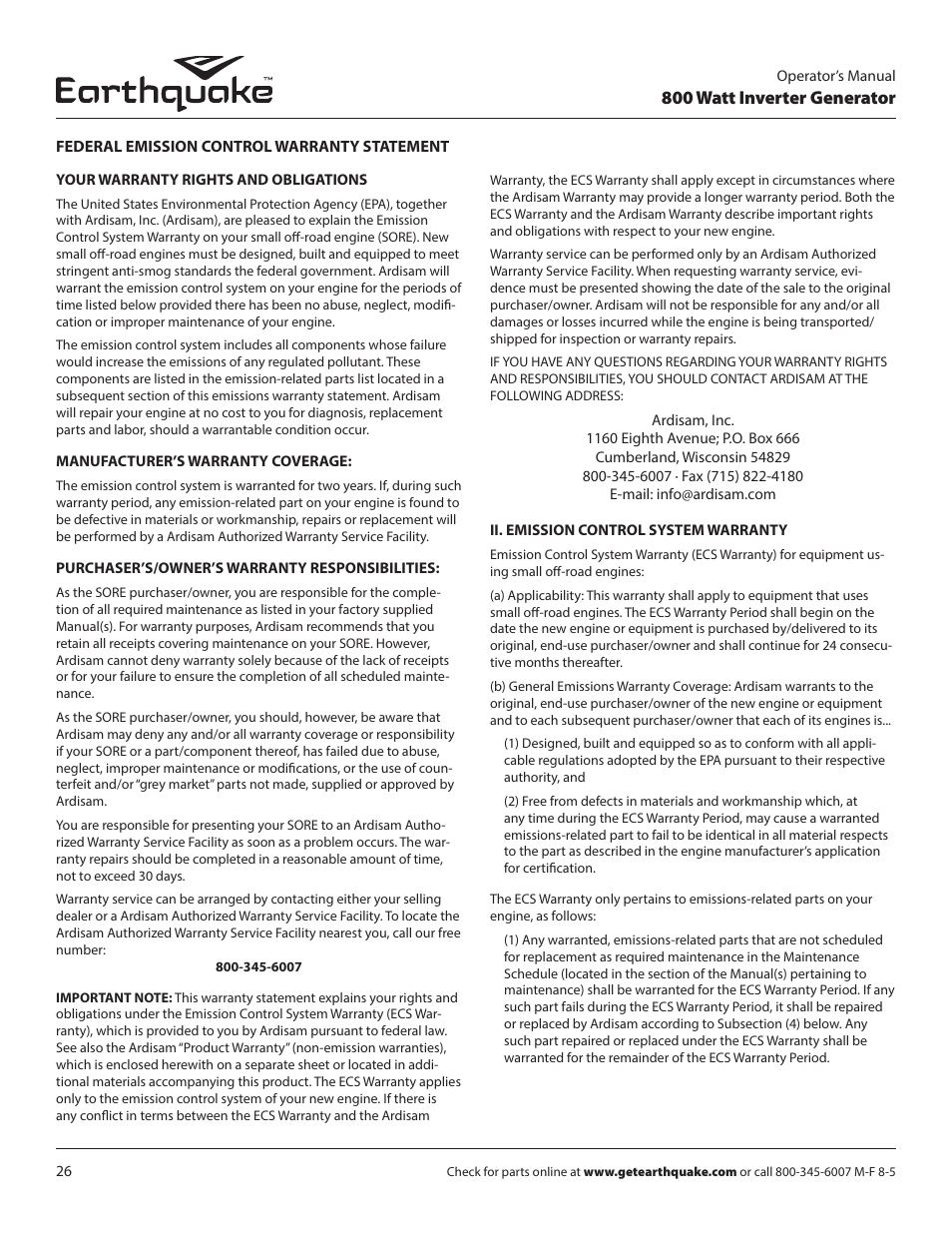 800 watt inverter generator | EarthQuake MC43ES User Manual | Page 26 / 84