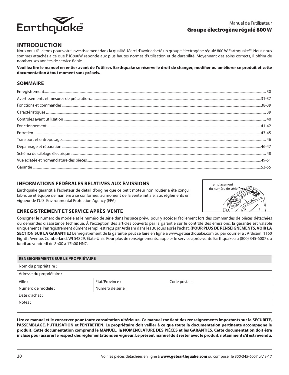 Introduction, Groupe électrogène régulé 800 w | EarthQuake MC43ES User Manual | Page 30 / 84