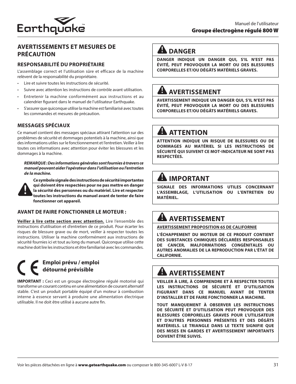 Attention, Important, Avertissement | Danger, Avertissements et mesures de précaution | EarthQuake MC43ES User Manual | Page 31 / 84