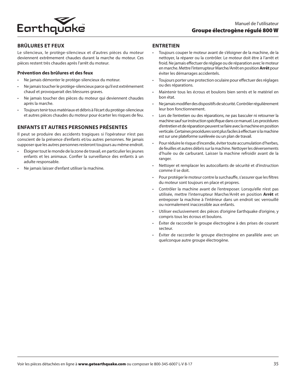 Groupe électrogène régulé 800 w | EarthQuake MC43ES User Manual | Page 35 / 84