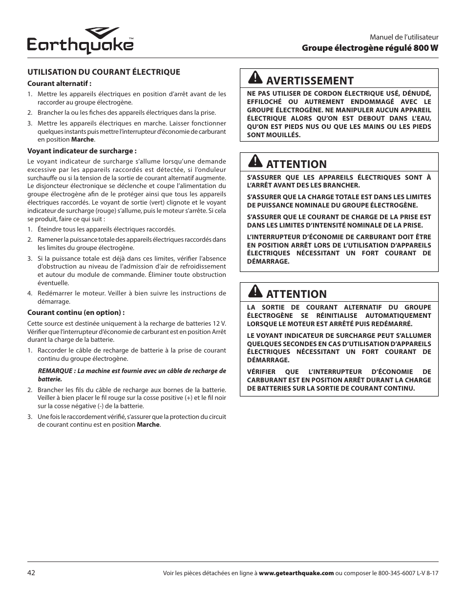 Attention, Avertissement | EarthQuake MC43ES User Manual | Page 42 / 84