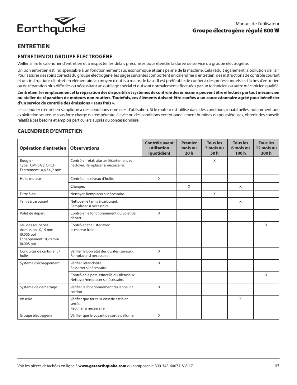 Entretien, Groupe électrogène régulé 800 w, Entretien du groupe électrogène | Calendrier d’entretien | EarthQuake MC43ES User Manual | Page 43 / 84