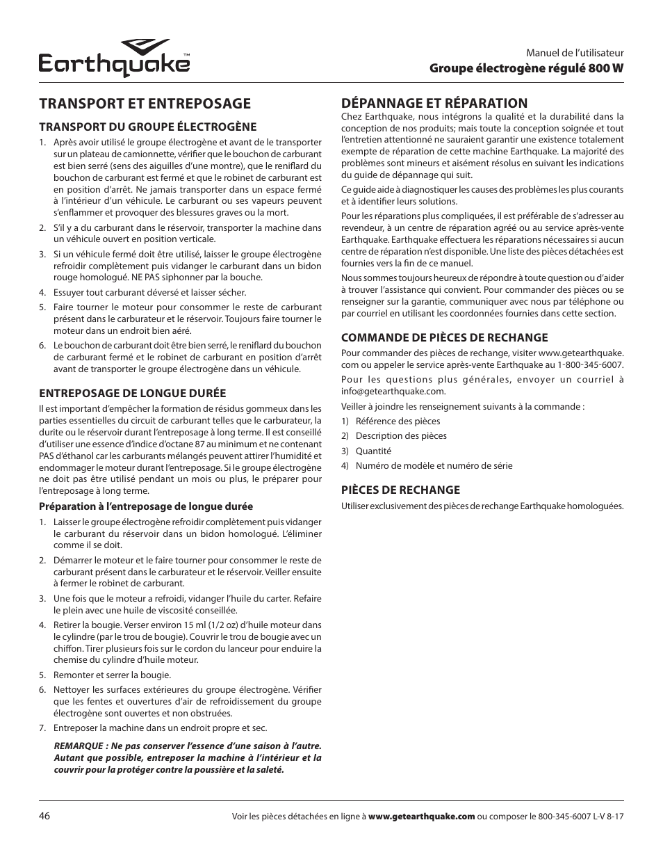 Transport et entreposage, Dépannage et réparation, Groupe électrogène régulé 800 w | EarthQuake MC43ES User Manual | Page 46 / 84