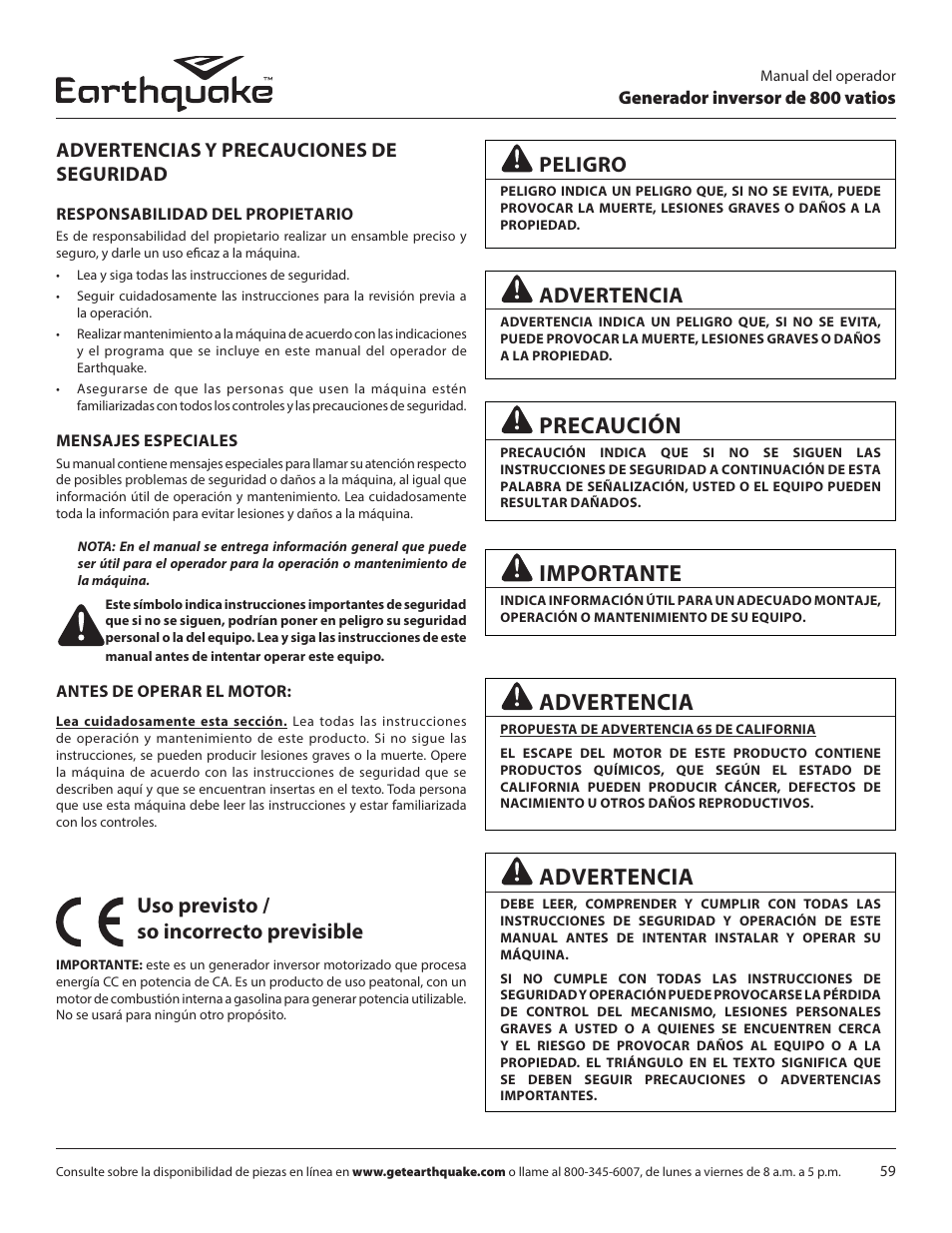 Precaución, Importante, Advertencia | Uso previsto / so incorrecto previsible, Peligro, Advertencias y precauciones de seguridad | EarthQuake MC43ES User Manual | Page 59 / 84