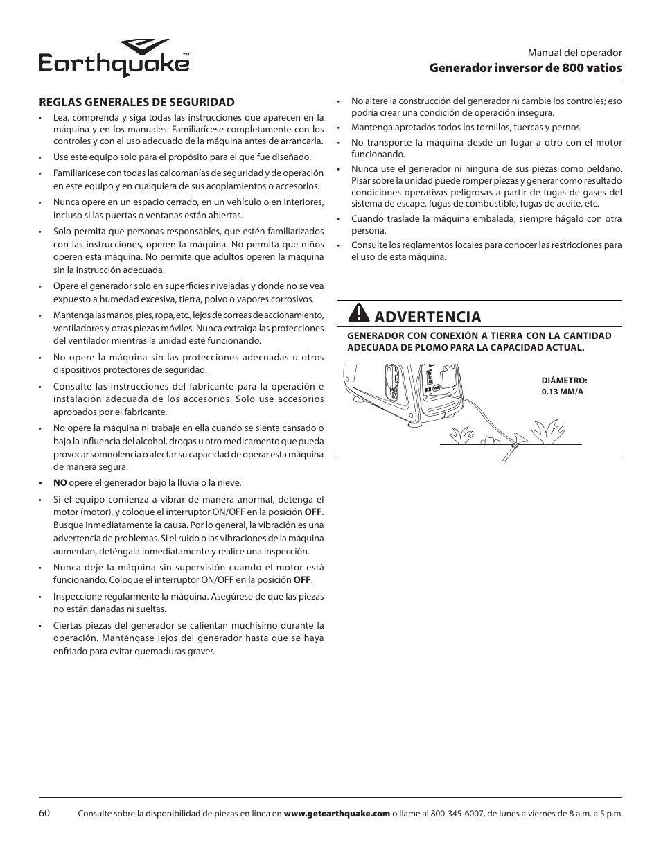 Advertencia, Generador inversor de 800 vatios | EarthQuake MC43ES User Manual | Page 60 / 84