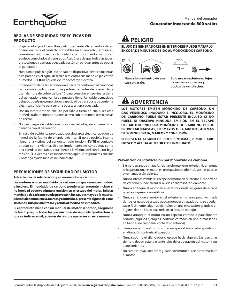 Advertencia, Peligro, Generador inversor de 800 vatios | EarthQuake MC43ES User Manual | Page 61 / 84