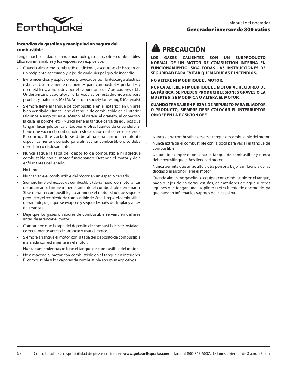 Precaución, Generador inversor de 800 vatios | EarthQuake MC43ES User Manual | Page 62 / 84