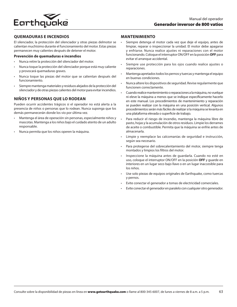 Generador inversor de 800 vatios | EarthQuake MC43ES User Manual | Page 63 / 84