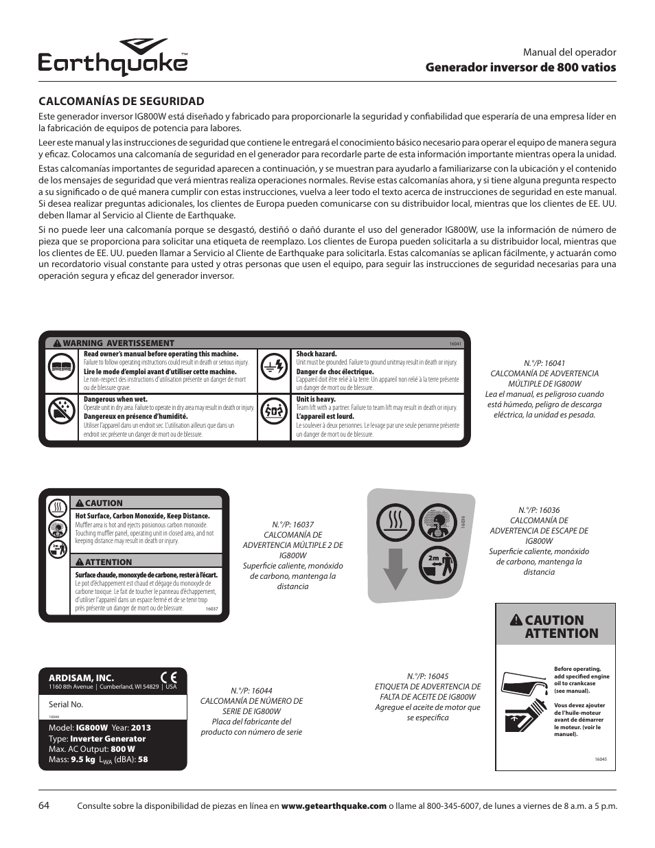 Caution attention, Generador inversor de 800 vatios, Calcomanías de seguridad | EarthQuake MC43ES User Manual | Page 64 / 84