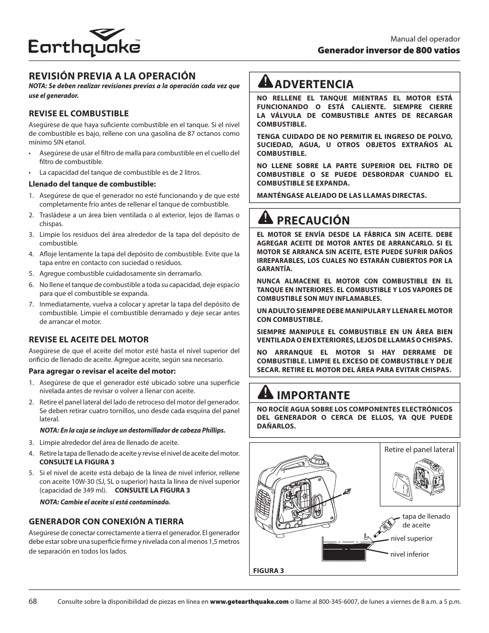 Precaución, Importante, Advertencia | Revisión previa a la operación | EarthQuake MC43ES User Manual | Page 68 / 84