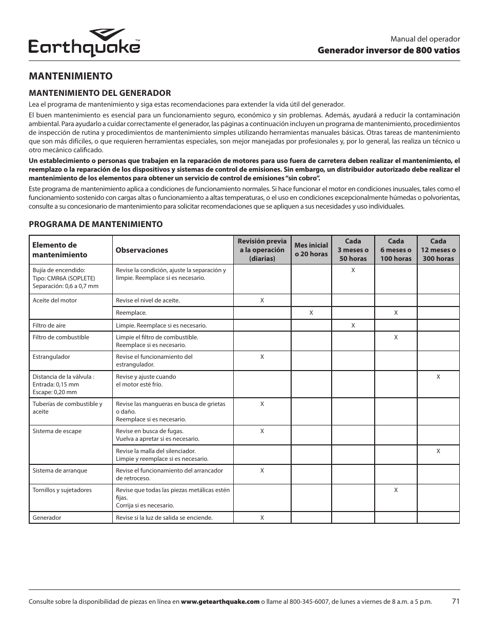 Mantenimiento, Generador inversor de 800 vatios, Mantenimiento del generador | Programa de mantenimiento | EarthQuake MC43ES User Manual | Page 71 / 84