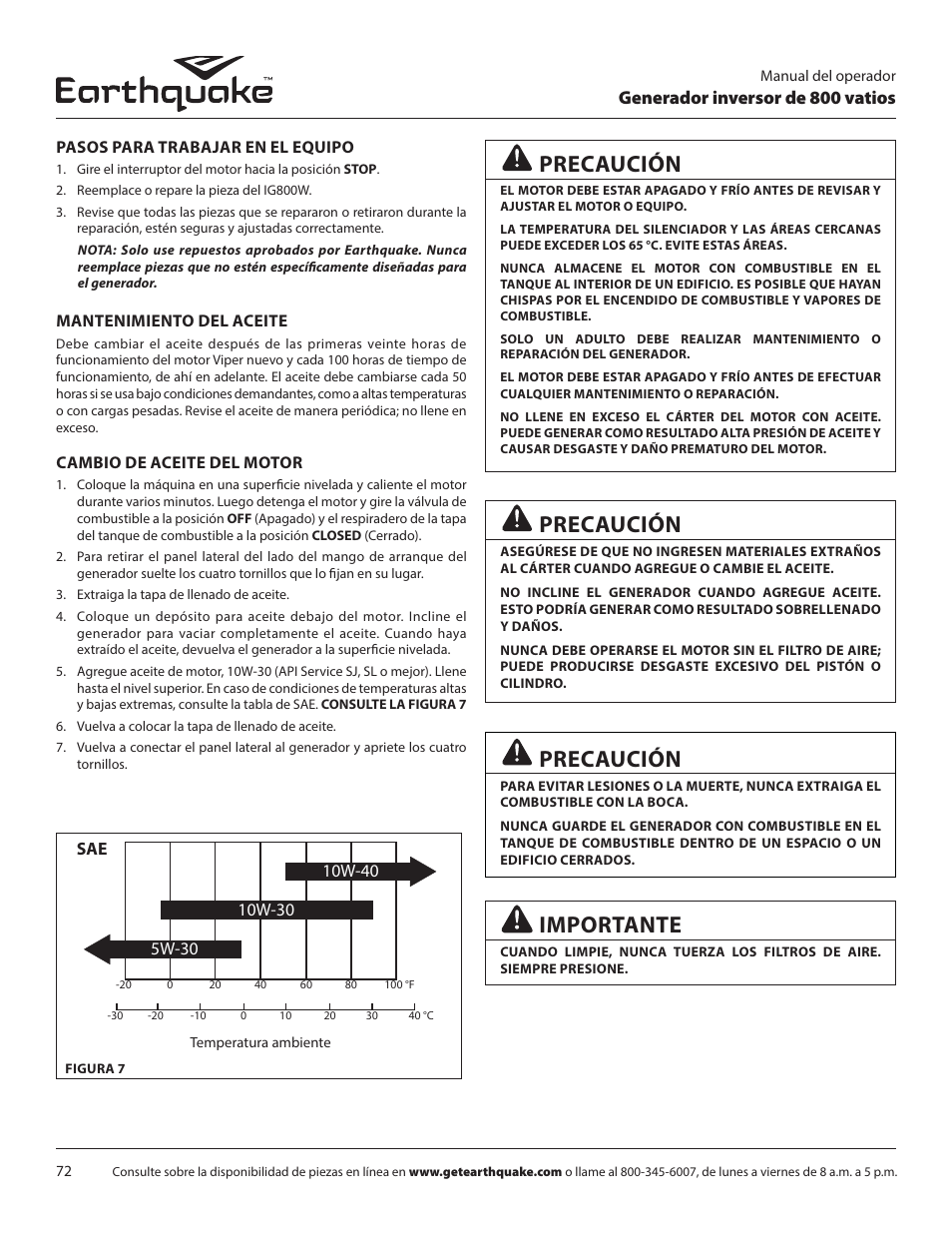 Importante, Precaución, Generador inversor de 800 vatios | EarthQuake MC43ES User Manual | Page 72 / 84