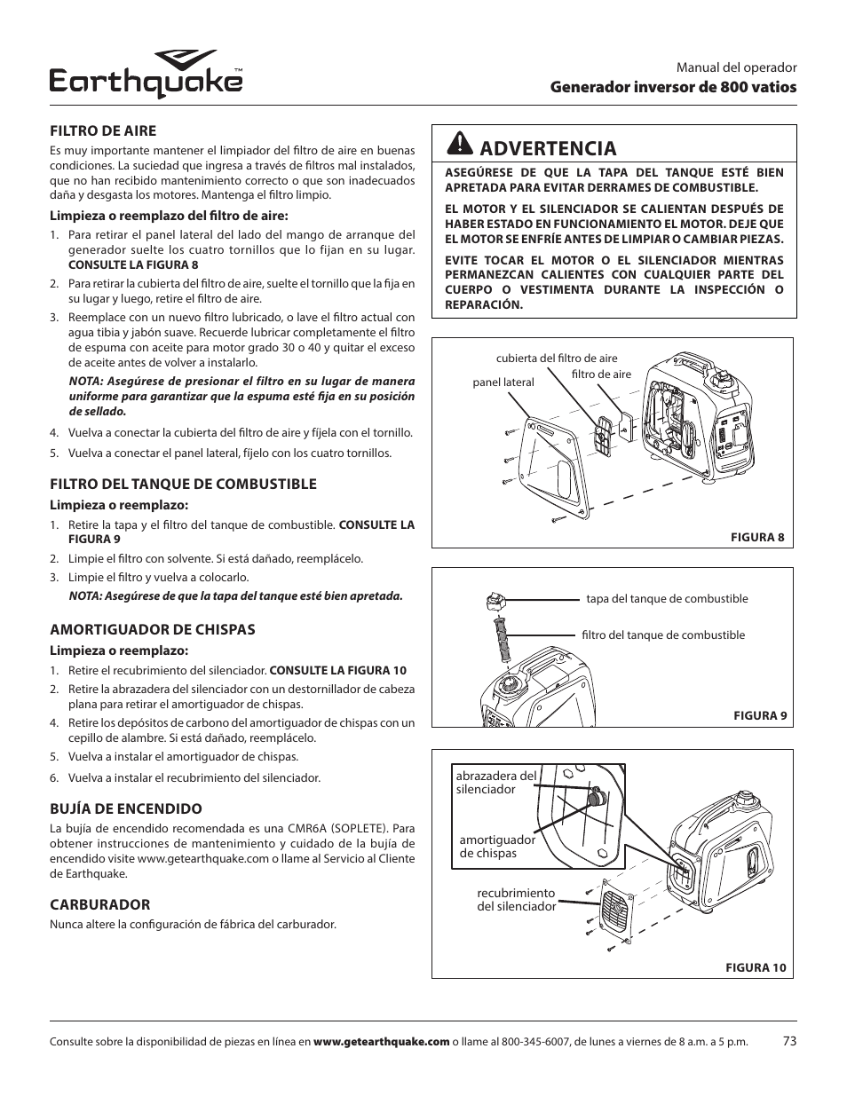 Advertencia, Generador inversor de 800 vatios | EarthQuake MC43ES User Manual | Page 73 / 84