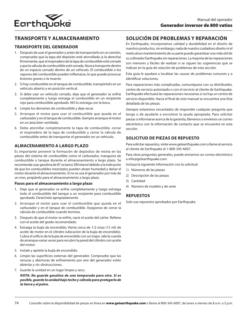 Solución de problemas y reparación, Transporte y almacenamiento, Generador inversor de 800 vatios | EarthQuake MC43ES User Manual | Page 74 / 84