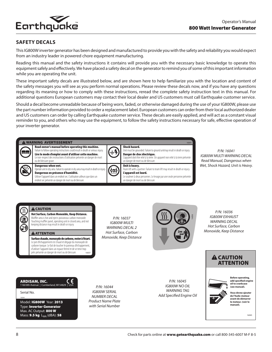 Caution attention, 800 watt inverter generator, Safety decals | EarthQuake MC43ES User Manual | Page 8 / 84