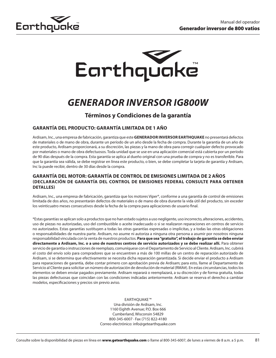 Generador inversor ig800w, Términos y condiciones de la garantía | EarthQuake MC43ES User Manual | Page 81 / 84