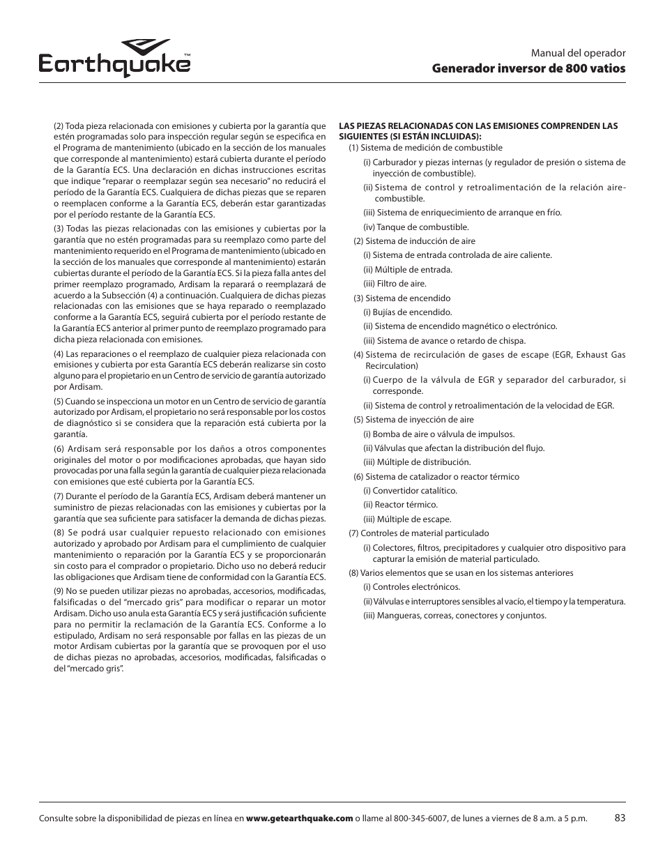 Generador inversor de 800 vatios | EarthQuake MC43ES User Manual | Page 83 / 84