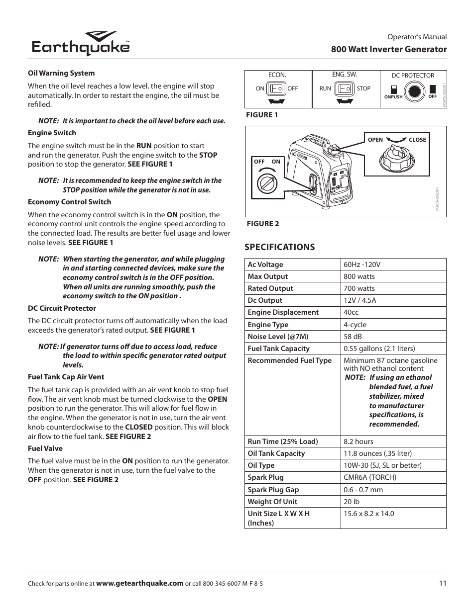 800 watt inverter generator, Specifications | EarthQuake MC43ES User Manual | Page 11 / 28