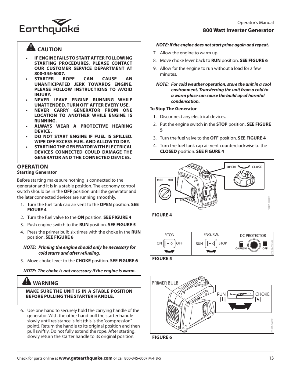 800 watt inverter generator, Warning, Caution | Operation | EarthQuake MC43ES User Manual | Page 13 / 28