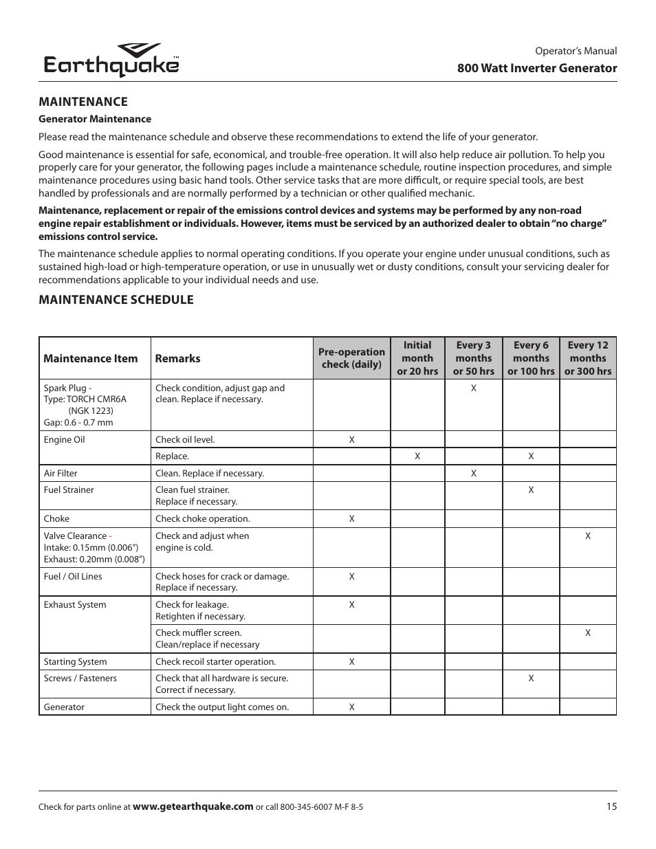 800 watt inverter generator maintenance, Maintenance schedule | EarthQuake MC43ES User Manual | Page 15 / 28