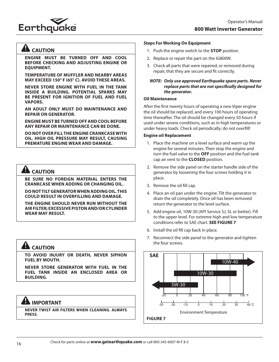 800 watt inverter generator, Caution, Important | EarthQuake MC43ES User Manual | Page 16 / 28