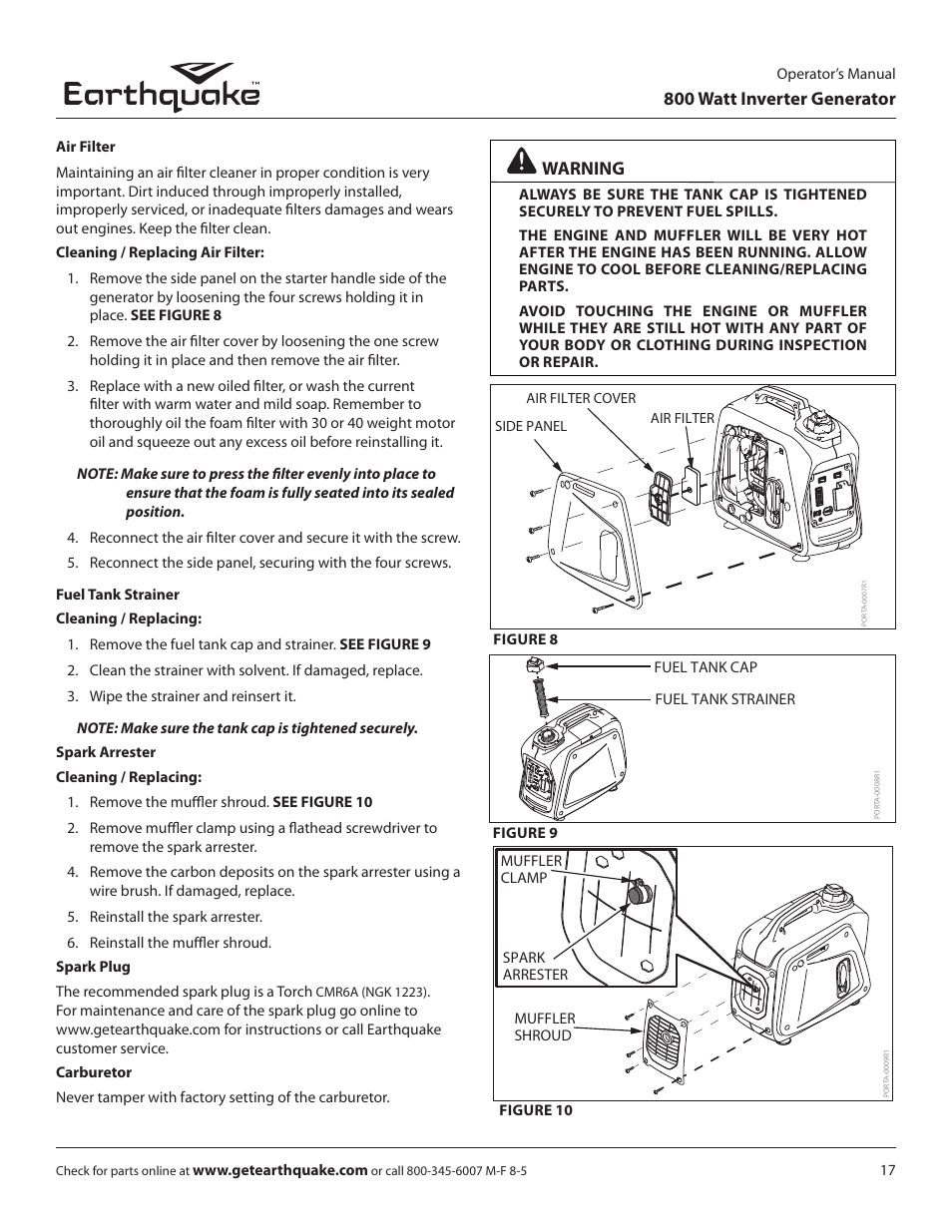 800 watt inverter generator, Warning | EarthQuake MC43ES User Manual | Page 17 / 28
