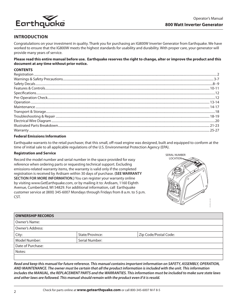 800 watt inverter generator, Introduction | EarthQuake MC43ES User Manual | Page 2 / 28