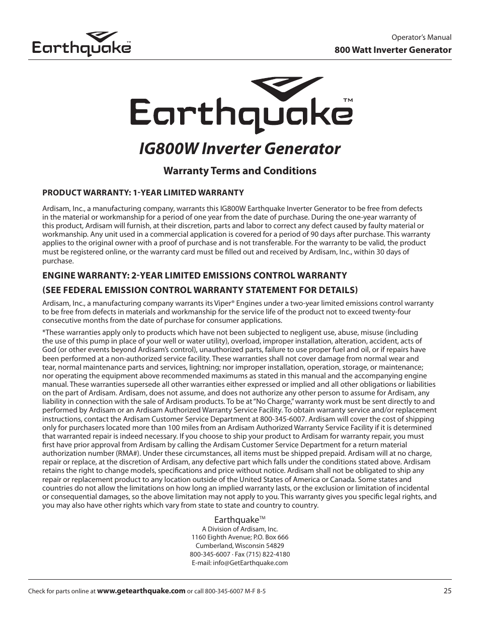 Ig800w inverter generator, Warranty terms and conditions | EarthQuake MC43ES User Manual | Page 25 / 28