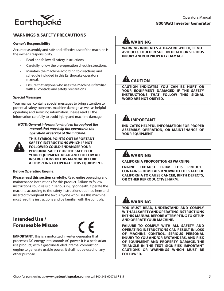 Intended use / foreseeable misuse | EarthQuake MC43ES User Manual | Page 3 / 28
