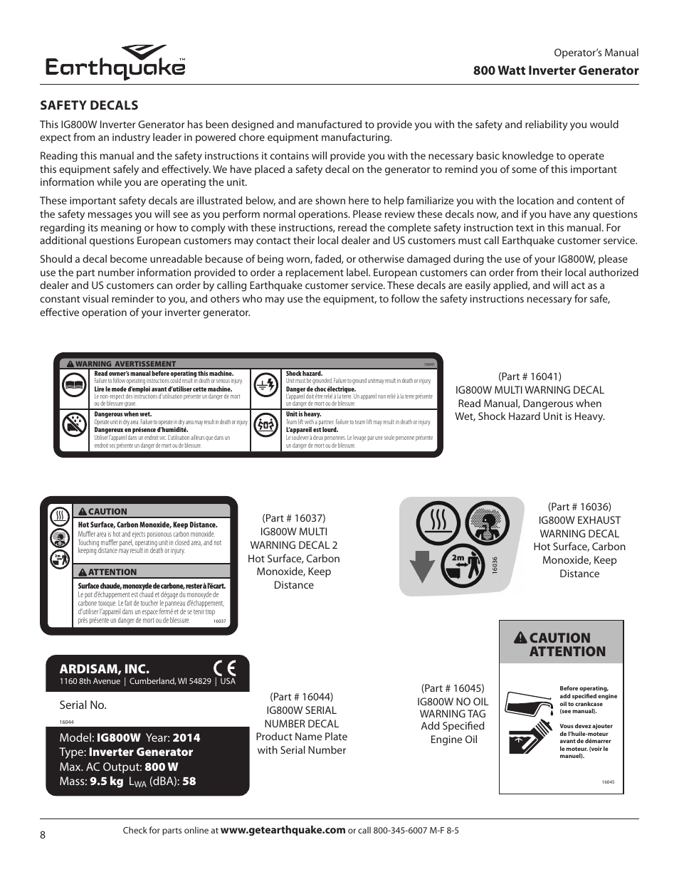 Caution attention, 800 watt inverter generator, Safety decals | Ardisam, inc, Dba): 58 | EarthQuake MC43ES User Manual | Page 8 / 28