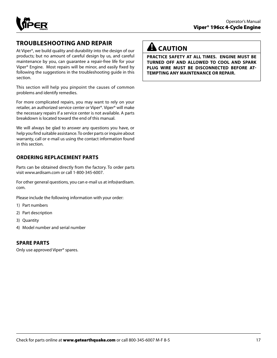 Caution, Troubleshooting and repair | EarthQuake 9060300 User Manual | Page 17 / 24