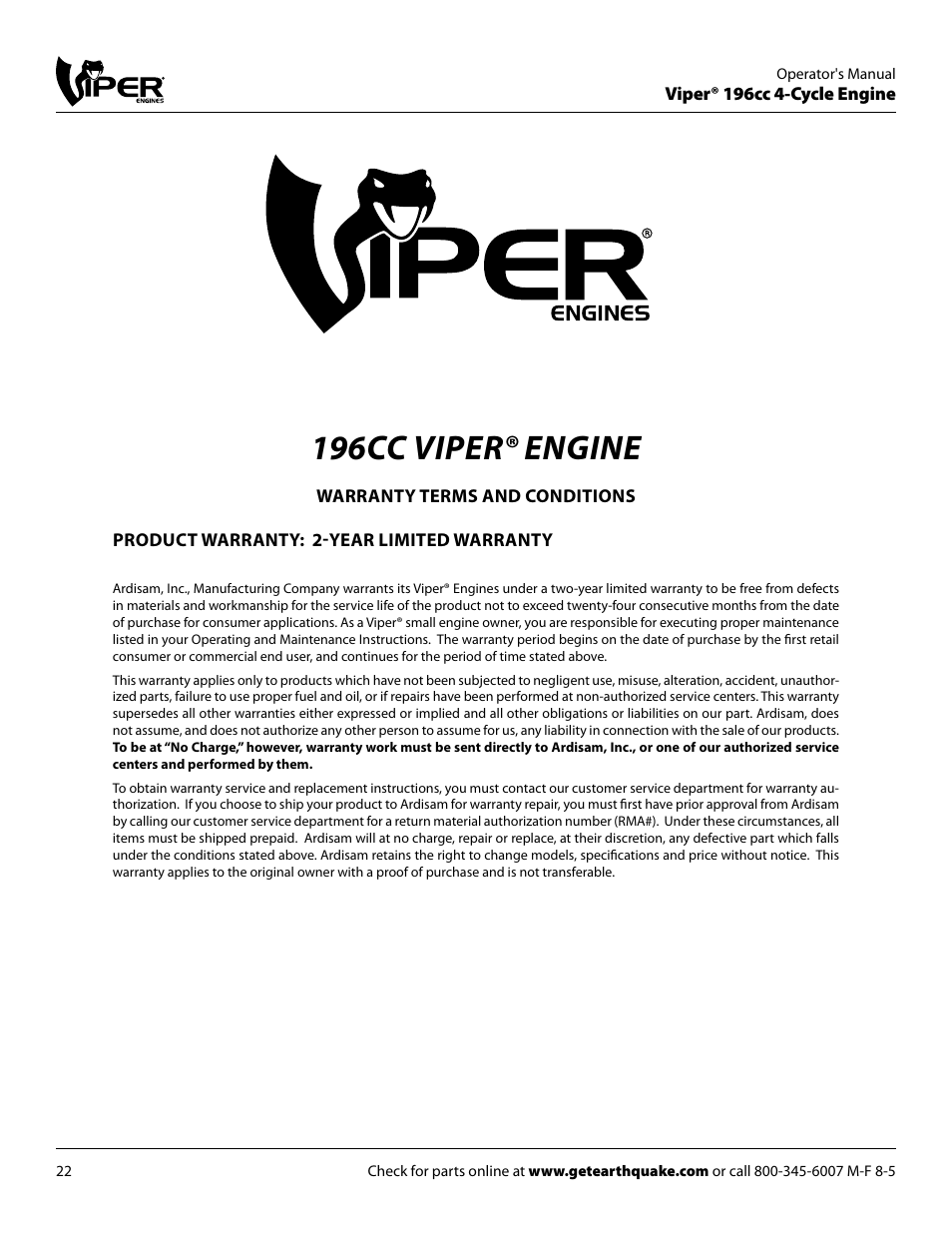 196cc viper® engine | EarthQuake 9060300 User Manual | Page 22 / 24