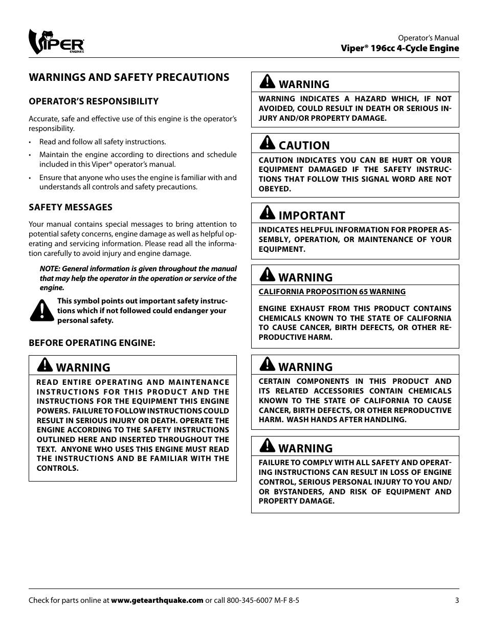 Caution, Important, Warnings and safety precautions | Warning | EarthQuake 9060300 User Manual | Page 3 / 24