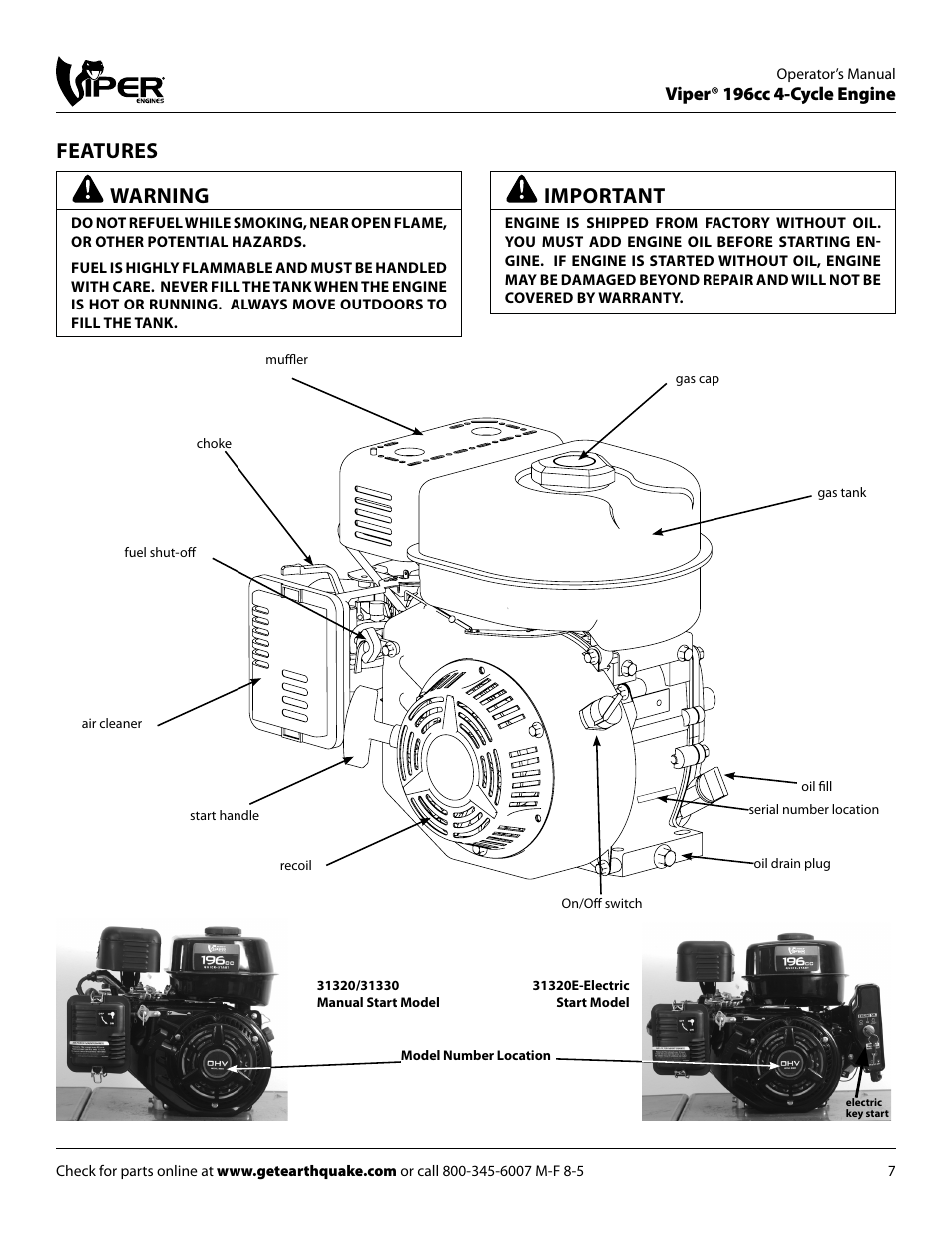 Features, Warning, Important | EarthQuake 9060300 User Manual | Page 7 / 24