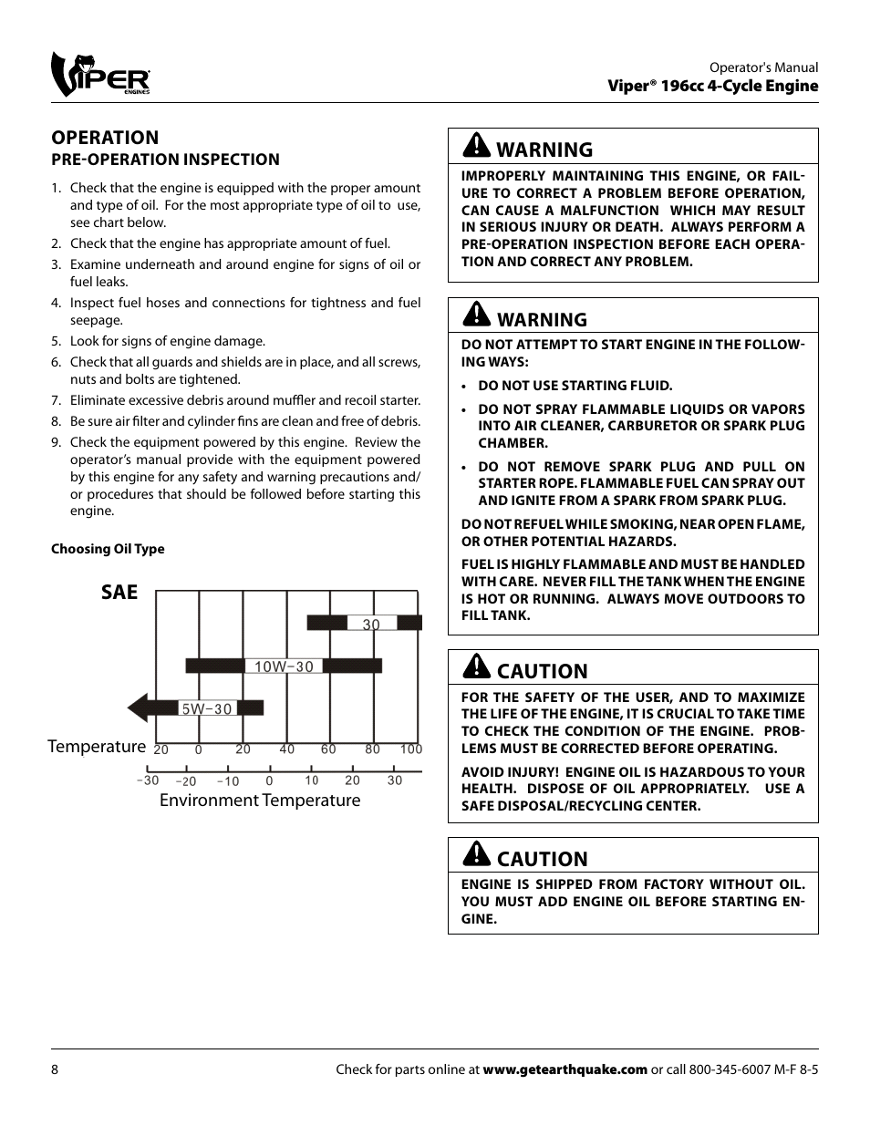 Caution, Operation, Warning | Temperature environment temperature | EarthQuake 9060300 User Manual | Page 8 / 24